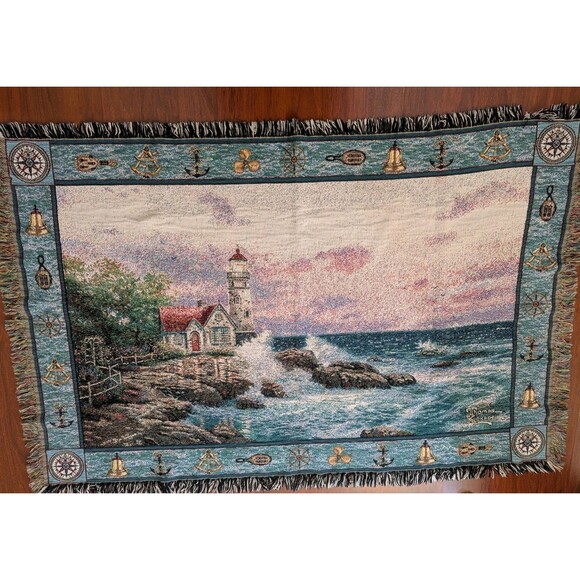 Thomas Kinkade Painter of Light Lighthouse Tapestry Throw Blanket Made in USA - Picture 1 of 6